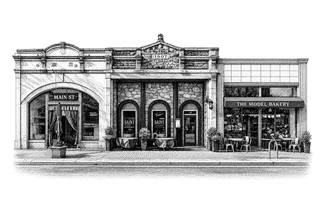 Pen-and-ink illustration of historic St. Helena Main Street storefronts, including The Model Bakery