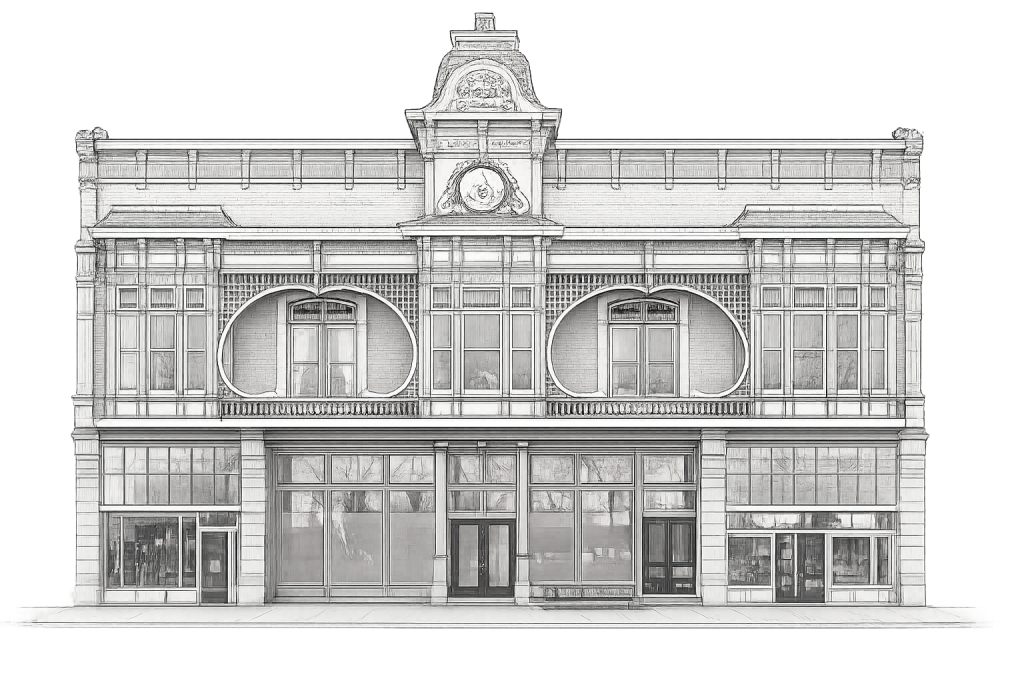 Illustrated pencil rendering of a historic two-story St. Helena commercial building facade