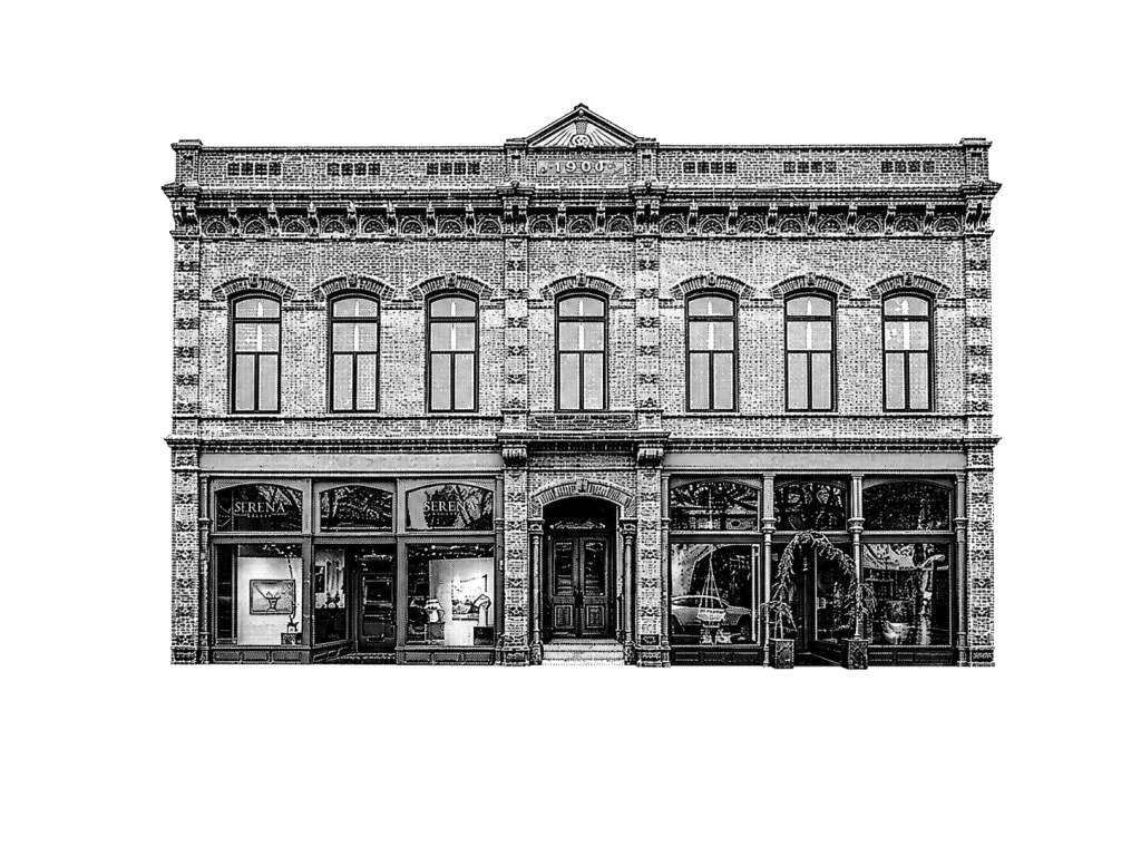 Black-and-white cutout illustration of a historic 1900 St. Helena brick commercial building with storefronts